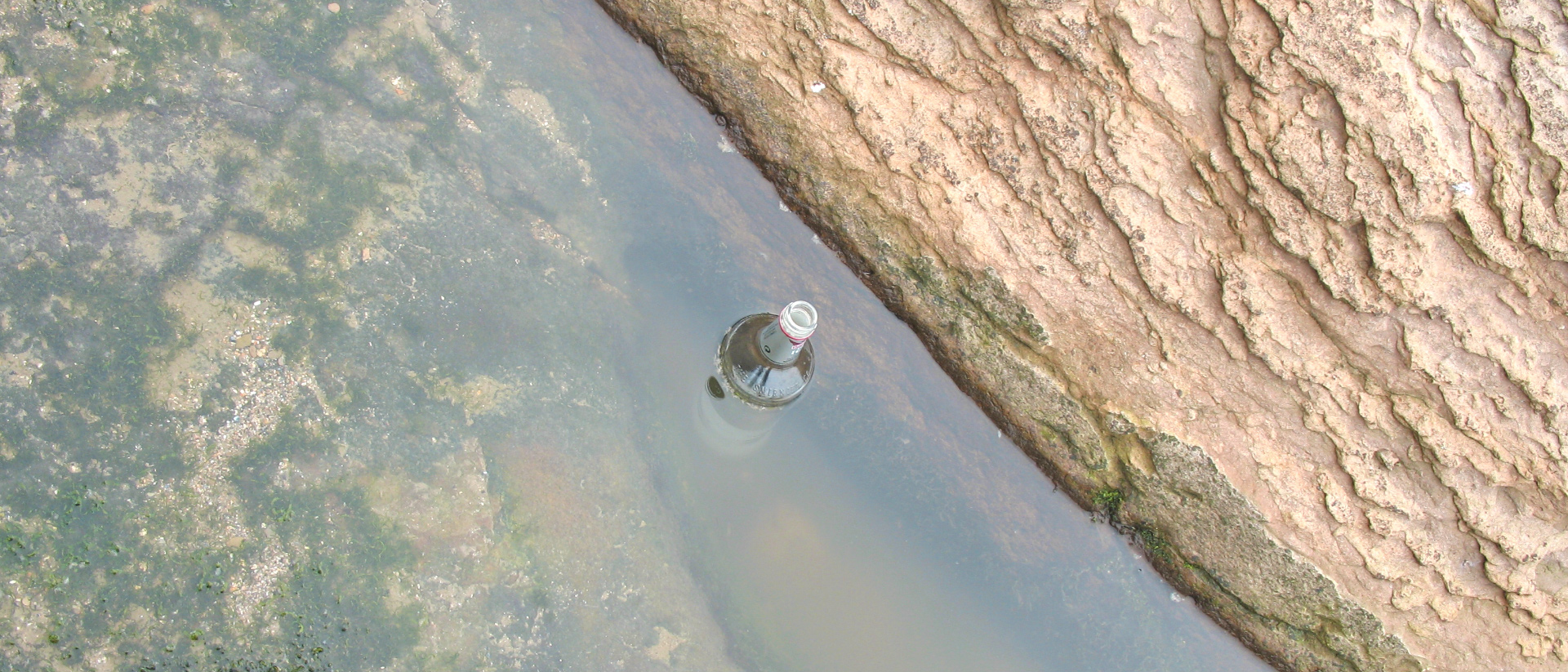 Eine geschriebene Flaschenpost treibt ziellos und entspannt umher.